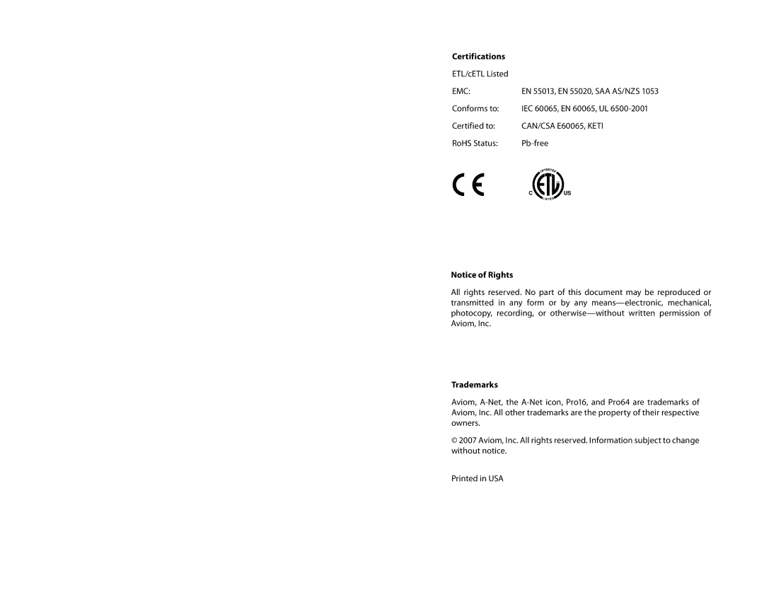 Aviom AV-P2 manual Certifications, Trademarks 