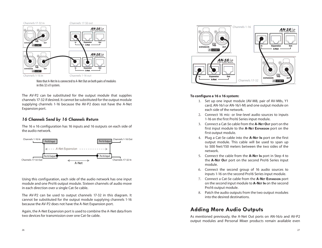 Aviom AV-P2 manual Adding More Audio Outputs, Channels Send by 16 Channels Return, To configure a 16 x 16 system 