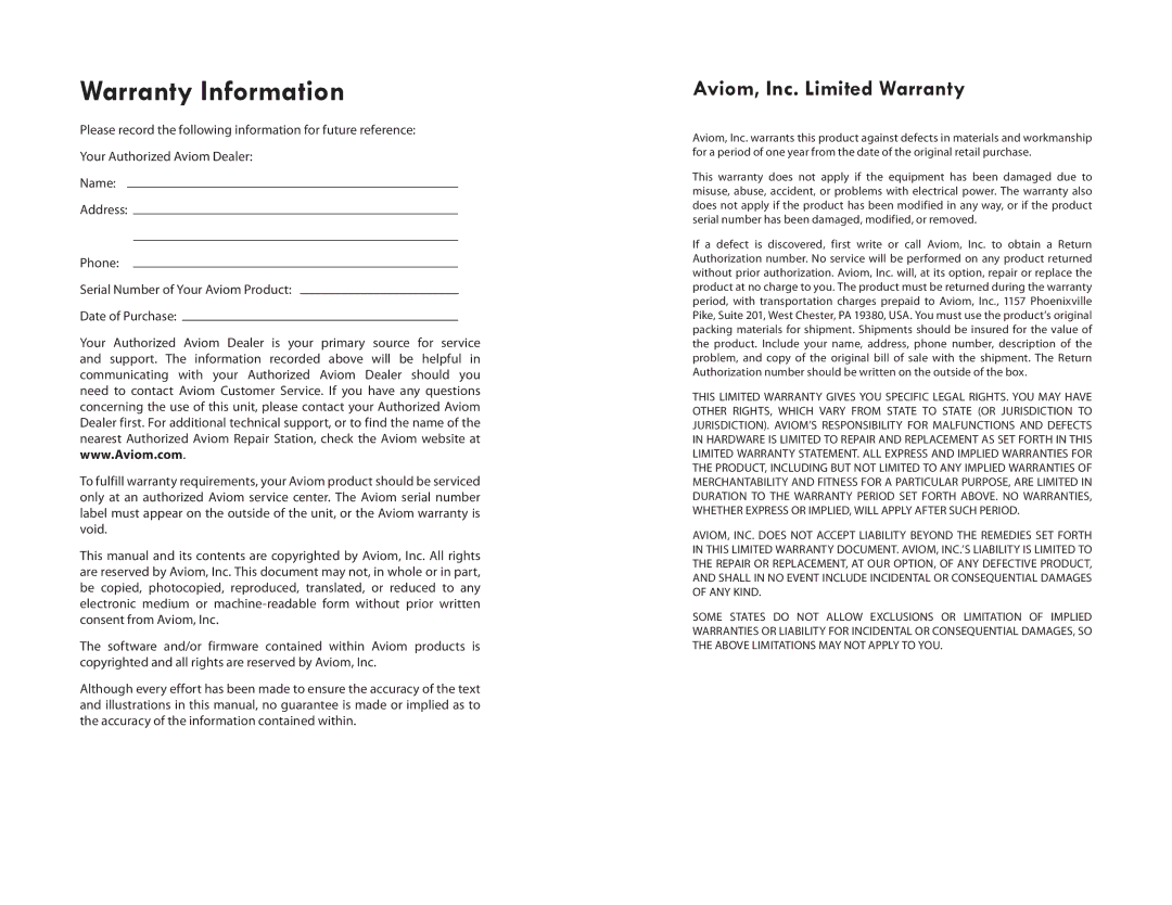 Aviom AV-P2 manual Warranty Information, Aviom, Inc. Limited Warranty 