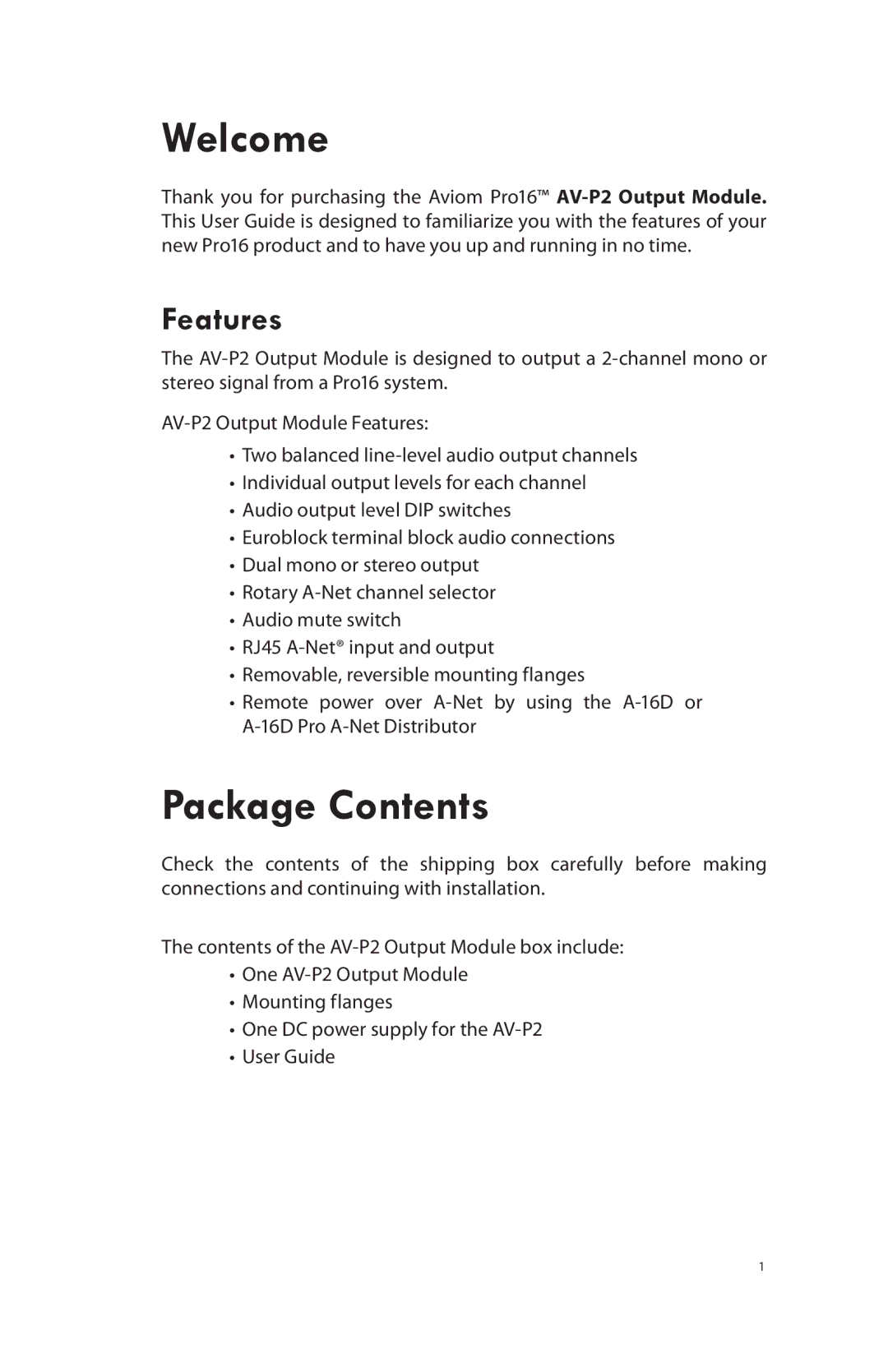 Aviom AV-P2 manual Welcome, Package Contents 