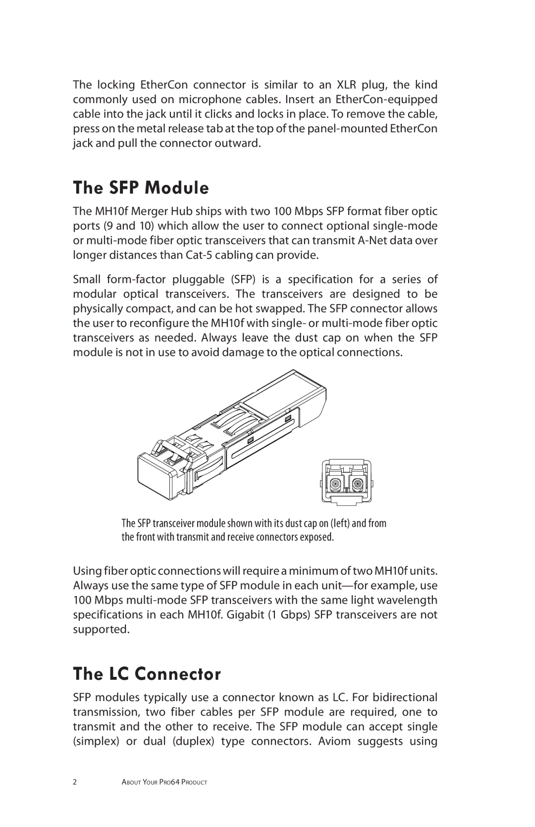 Aviom MH10m, MH10f manual SFP Module, LC Connector 