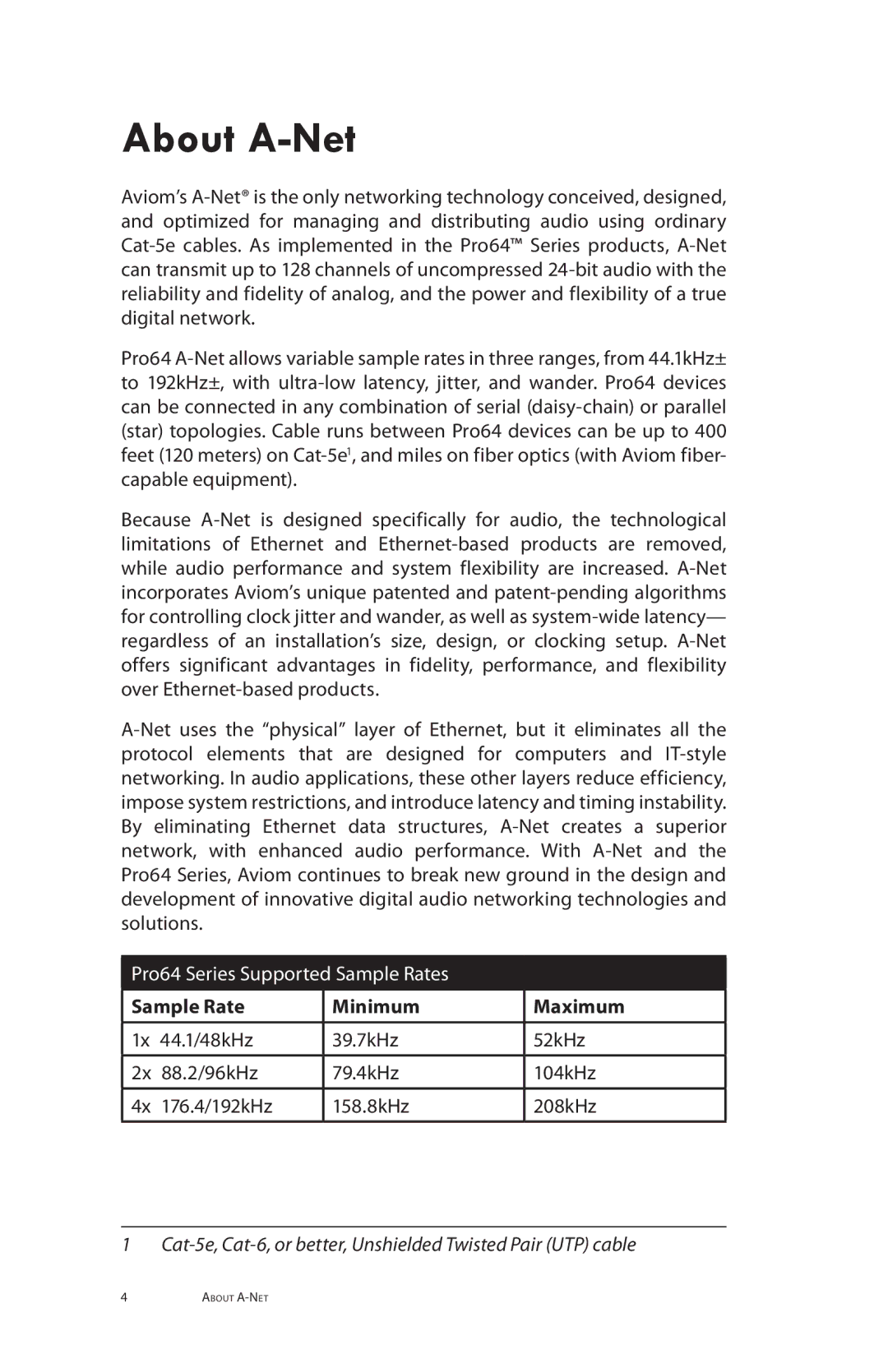 Aviom MH10m, MH10f manual About A-Net, Sample Rate Minimum Maximum 