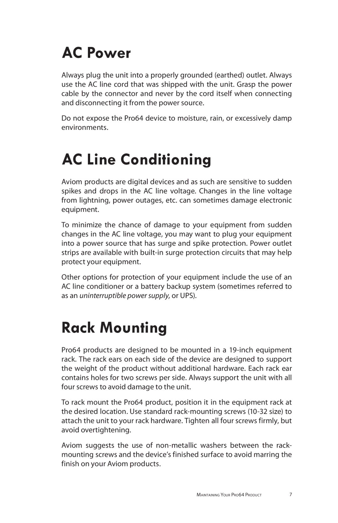 Aviom MH10f, MH10m manual AC Power, AC Line Conditioning, Rack Mounting 