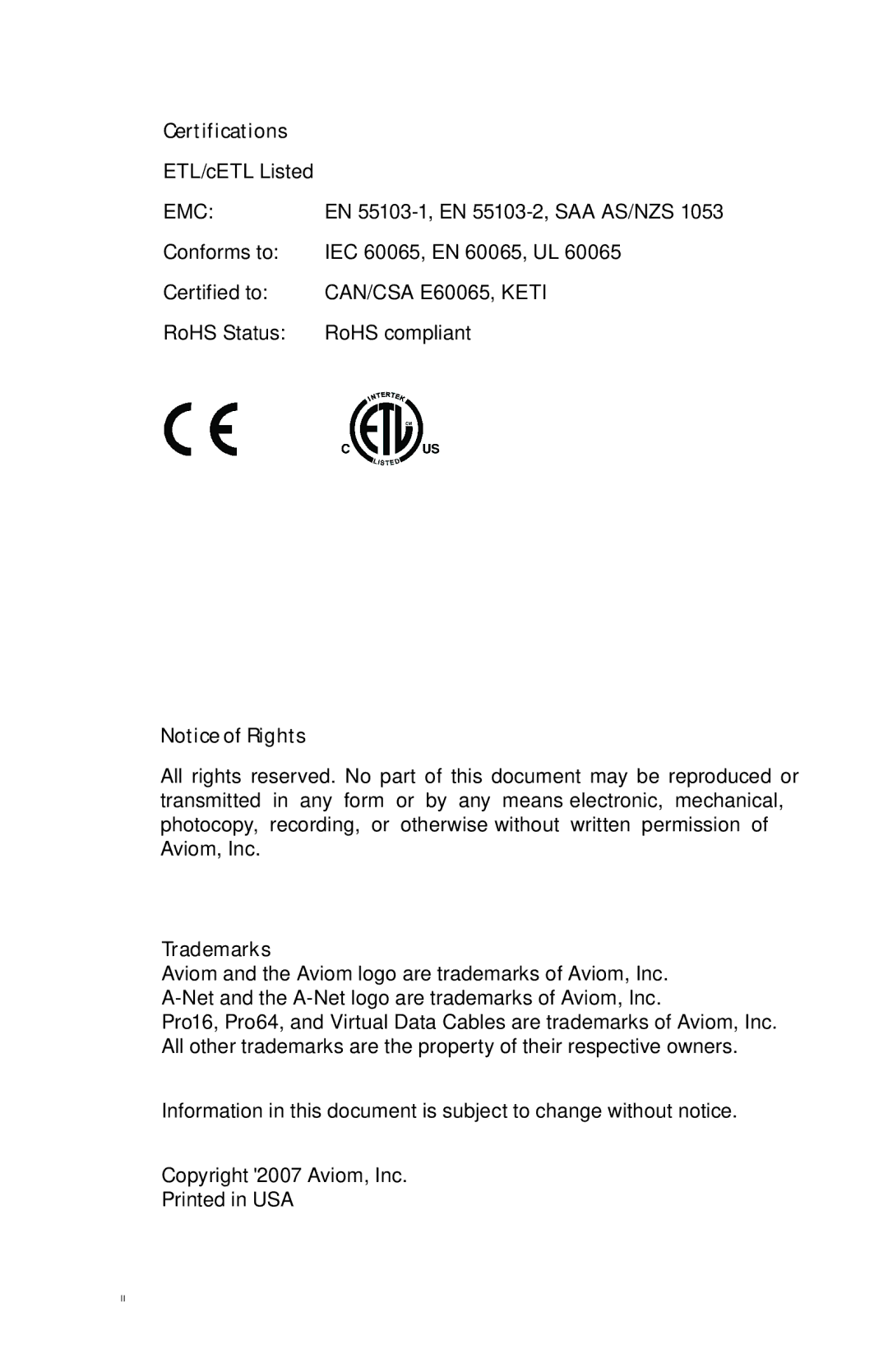 Aviom MH10m, MH10f manual Certifications 