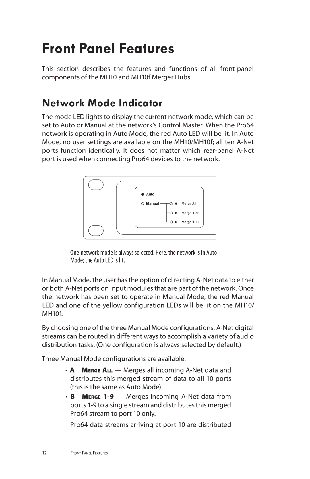 Aviom MH10m, MH10f manual Front Panel Features, Network Mode Indicator 