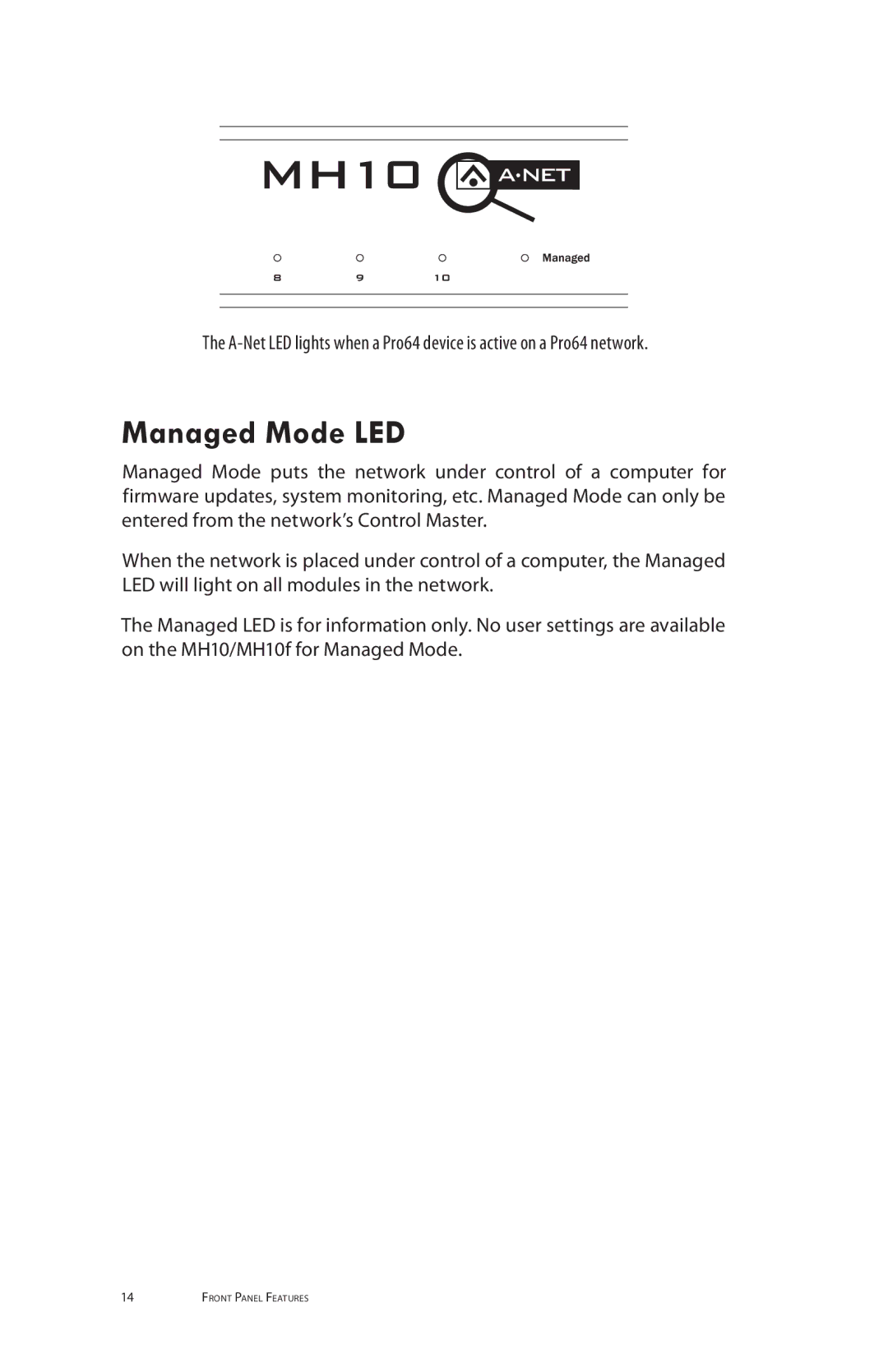 Aviom MH10m, MH10f manual Managed Mode LED 