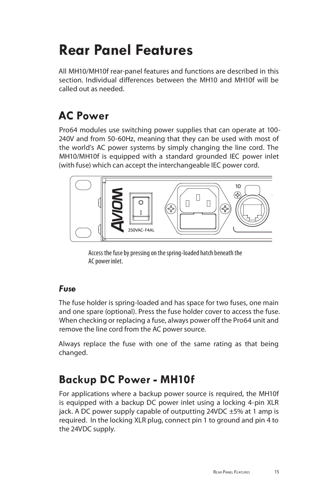 Aviom MH10m manual Rear Panel Features, AC Power, Backup DC Power MH10f 