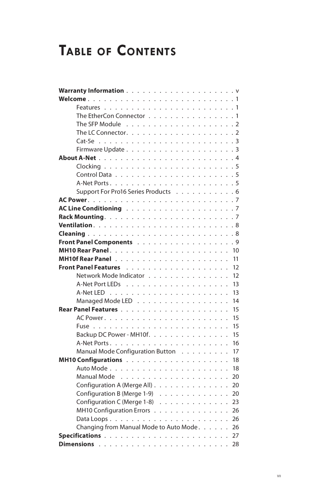 Aviom MH10f, MH10m manual Table of Contents 