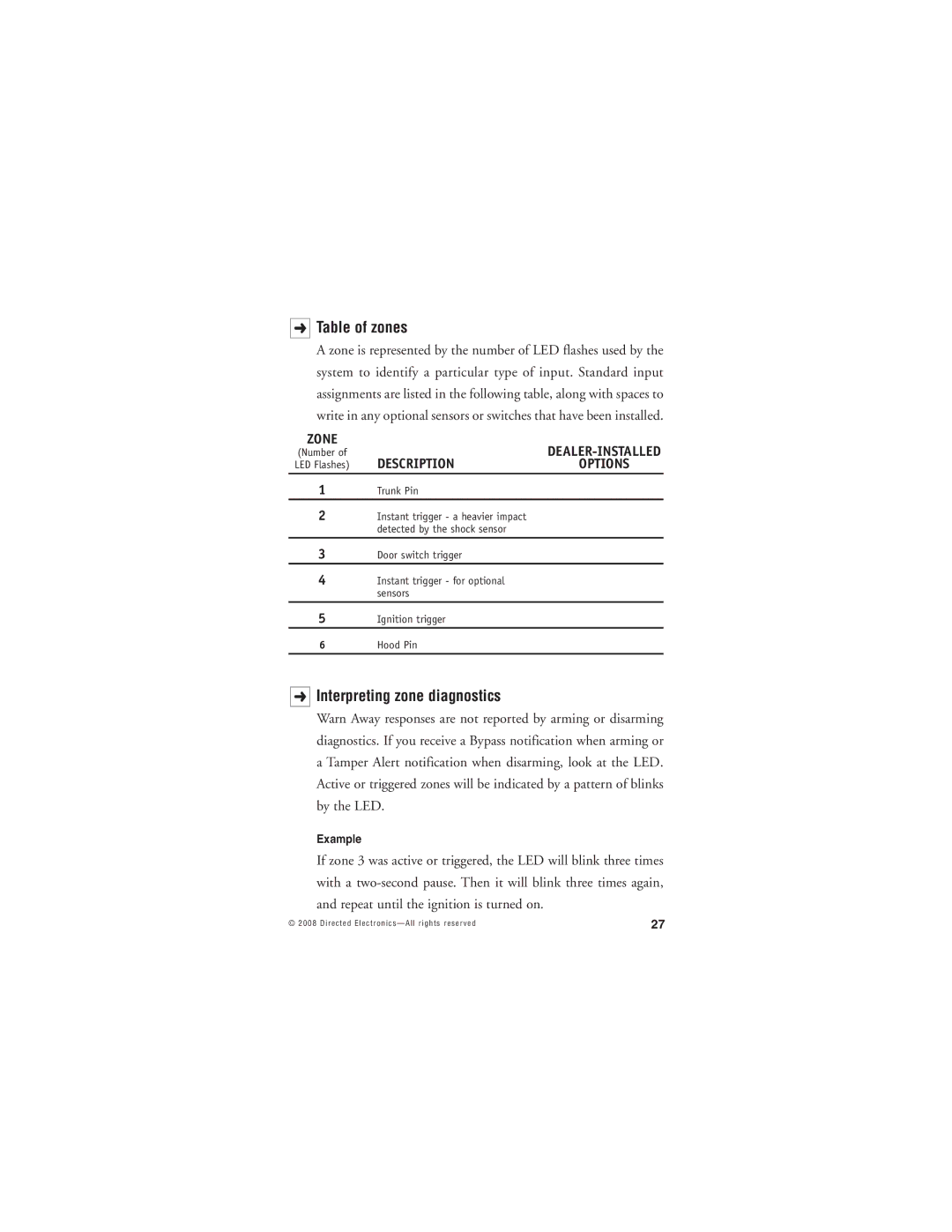 Avital 5303 manual Table of zones, Interpreting zone diagnostics 