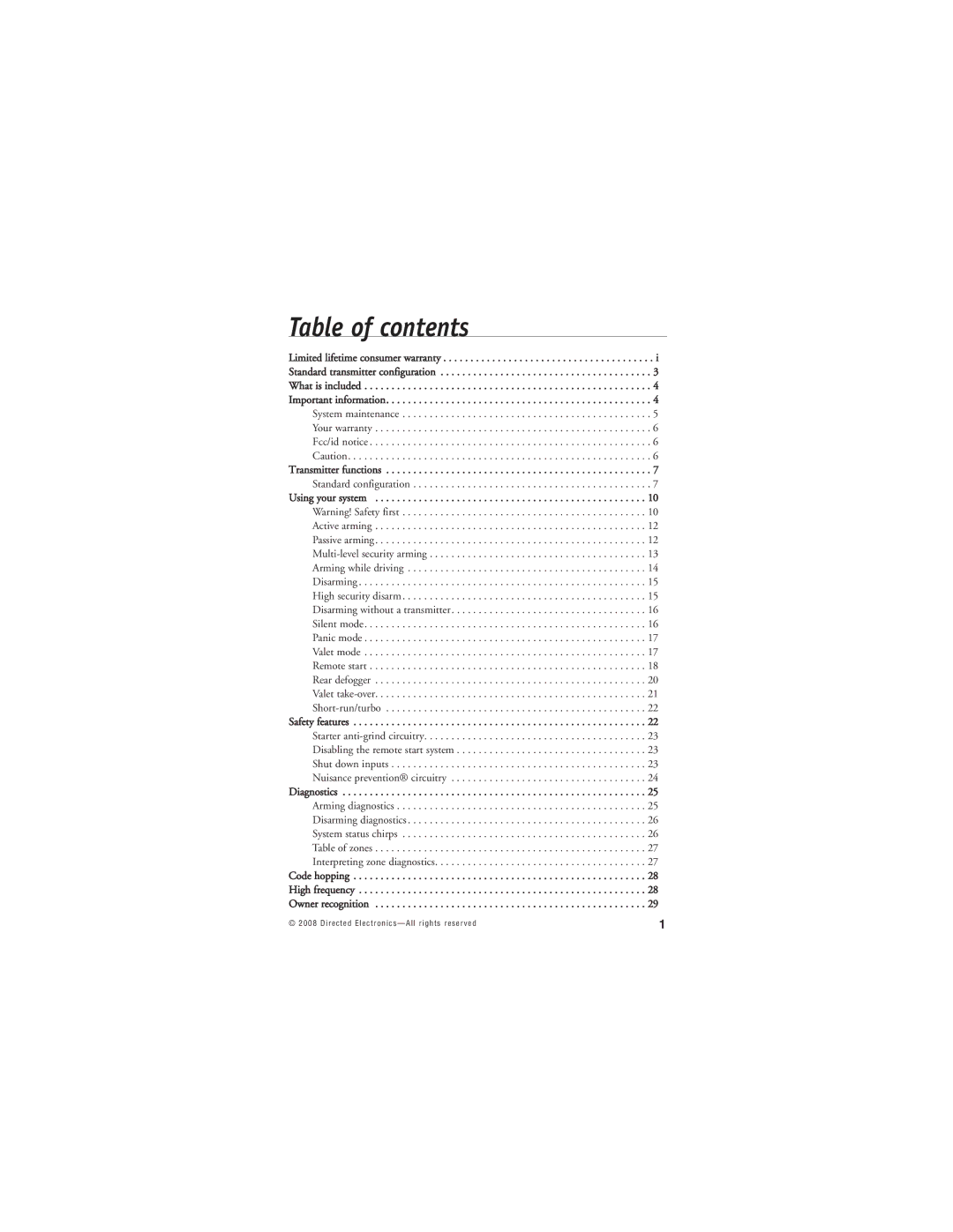 Avital 5303 manual Table of contents 