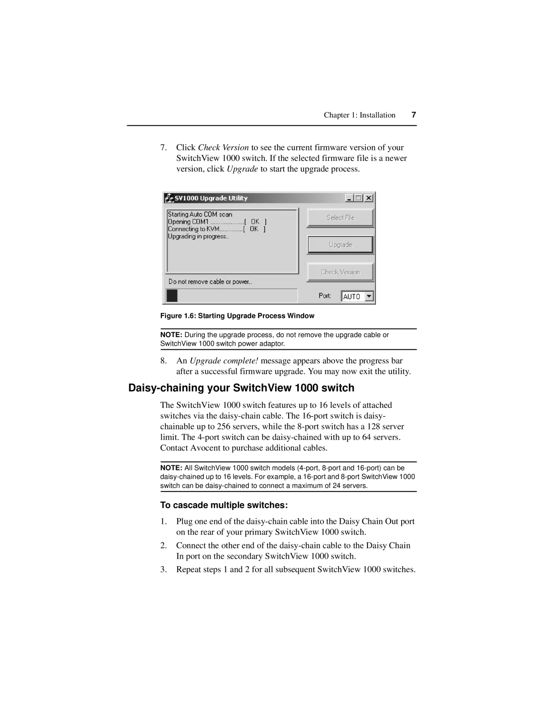 Avocent manual Daisy-chaining your SwitchView 1000 switch, To cascade multiple switches 