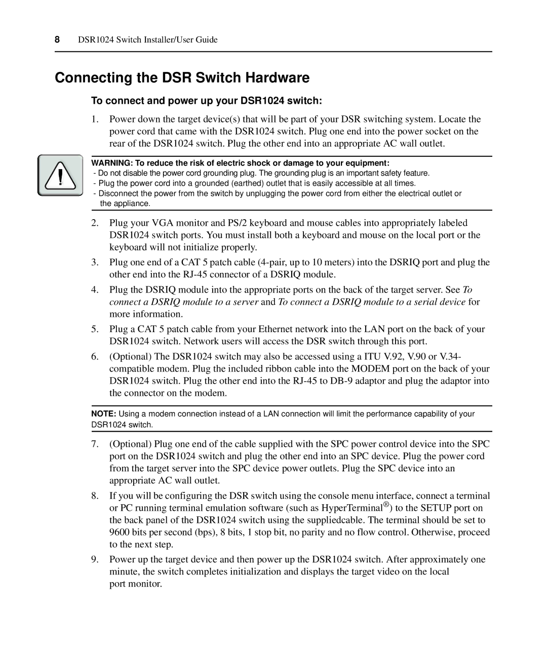 Avocent manual Connecting the DSR Switch Hardware, To connect and power up your DSR1024 switch 