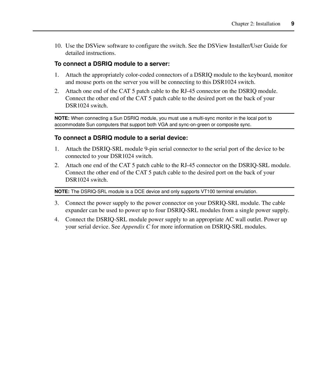 Avocent 1024 manual To connect a Dsriq module to a server, To connect a Dsriq module to a serial device 