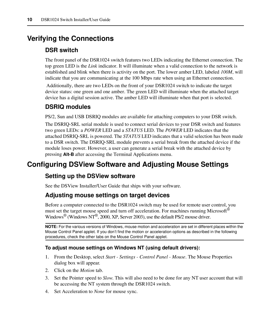 Avocent 1024 manual Verifying the Connections, Configuring DSView Software and Adjusting Mouse Settings 