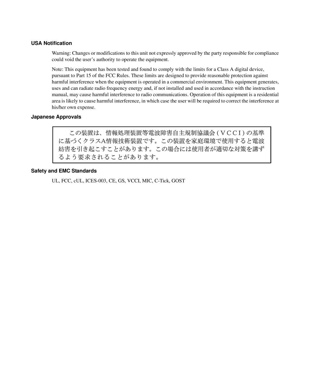 Avocent 1024 manual USA Notification Japanese Approvals Safety and EMC Standards 