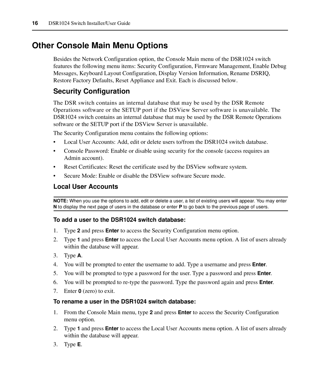 Avocent manual Other Console Main Menu Options, Security Configuration, To add a user to the DSR1024 switch database 