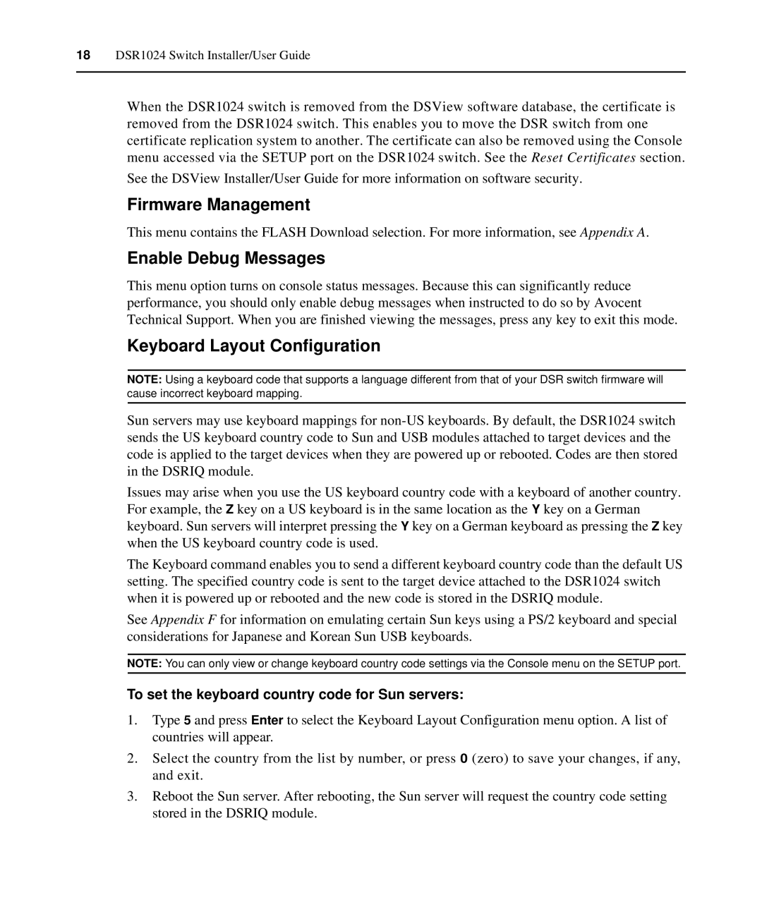 Avocent 1024 manual Firmware Management, Enable Debug Messages, Keyboard Layout Configuration 