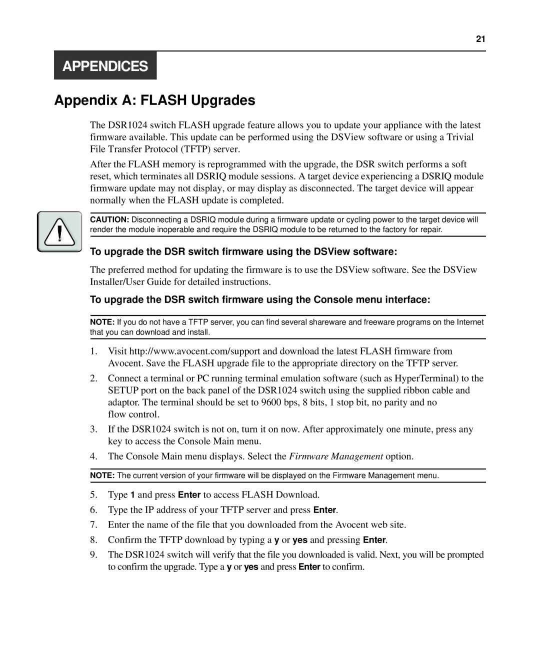 Avocent 1024 manual Appendix a Flash Upgrades, To upgrade the DSR switch firmware using the DSView software 