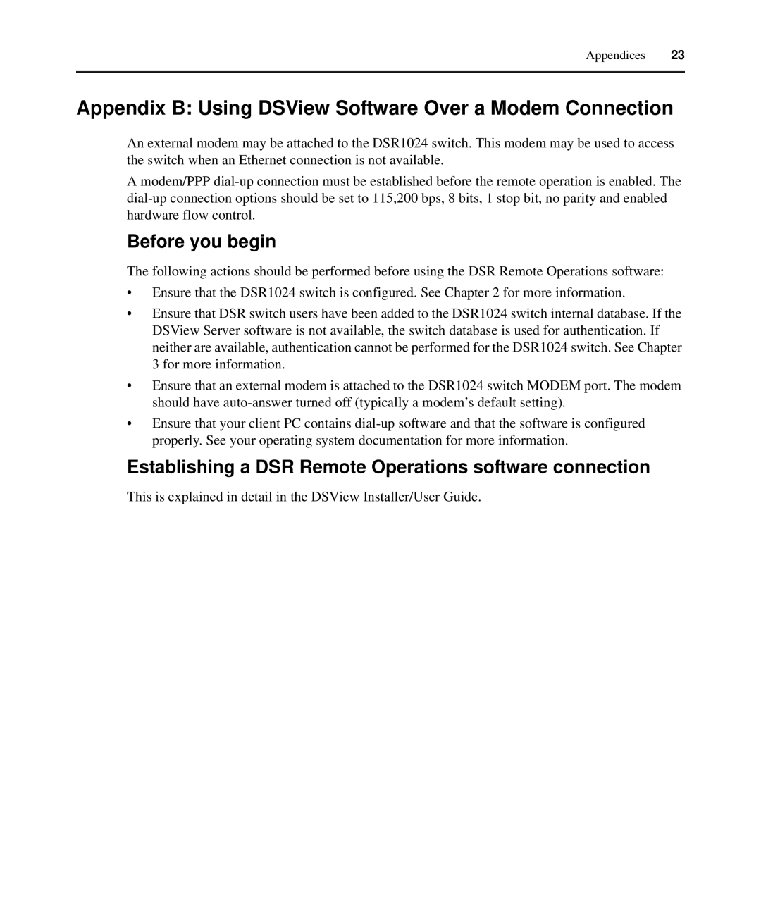 Avocent 1024 manual Appendix B Using DSView Software Over a Modem Connection, Before you begin 