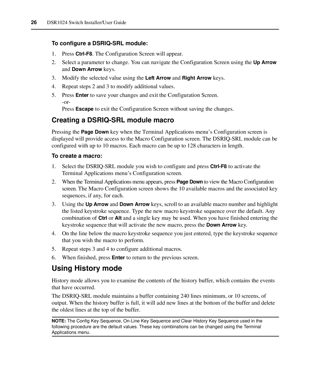 Avocent 1024 Using History mode, Creating a DSRIQ-SRL module macro, To configure a DSRIQ-SRL module, To create a macro 