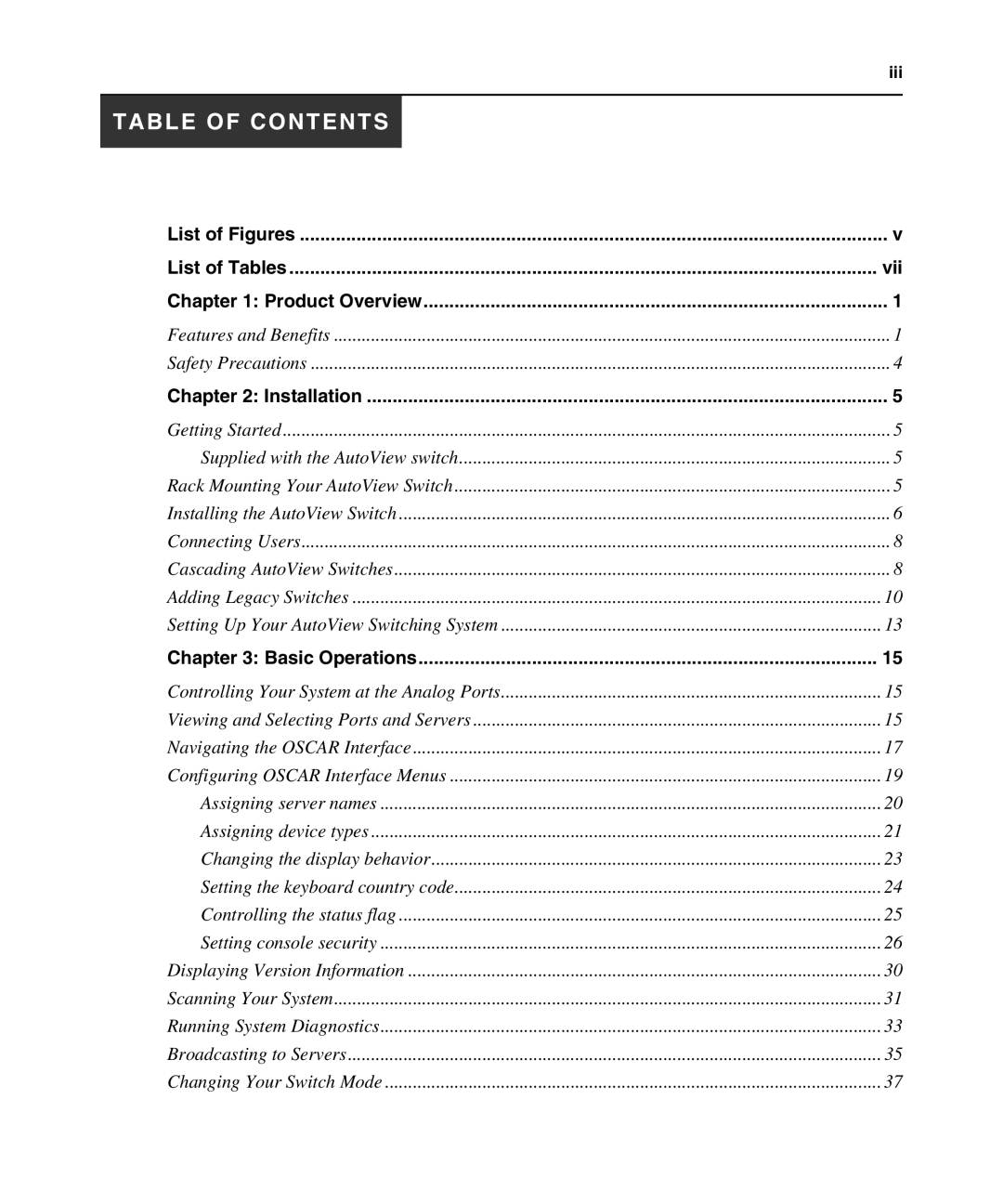 Avocent 1500, 1400, 2000 manual Table of Contents 