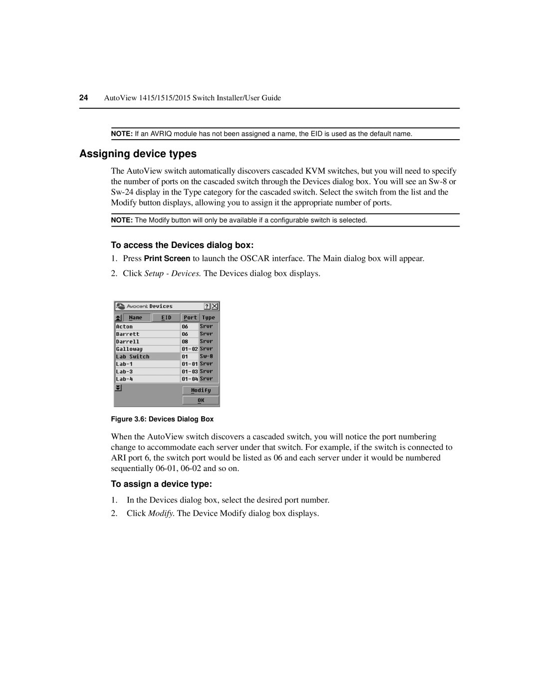 Avocent 2015, 1415, 1515 manual Assigning device types, To access the Devices dialog box, To assign a device type 