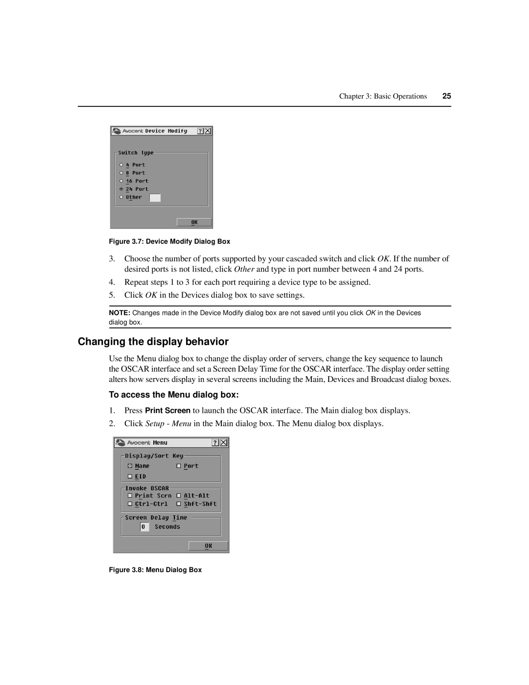 Avocent 1415, 2015, 1515 manual Changing the display behavior, To access the Menu dialog box 