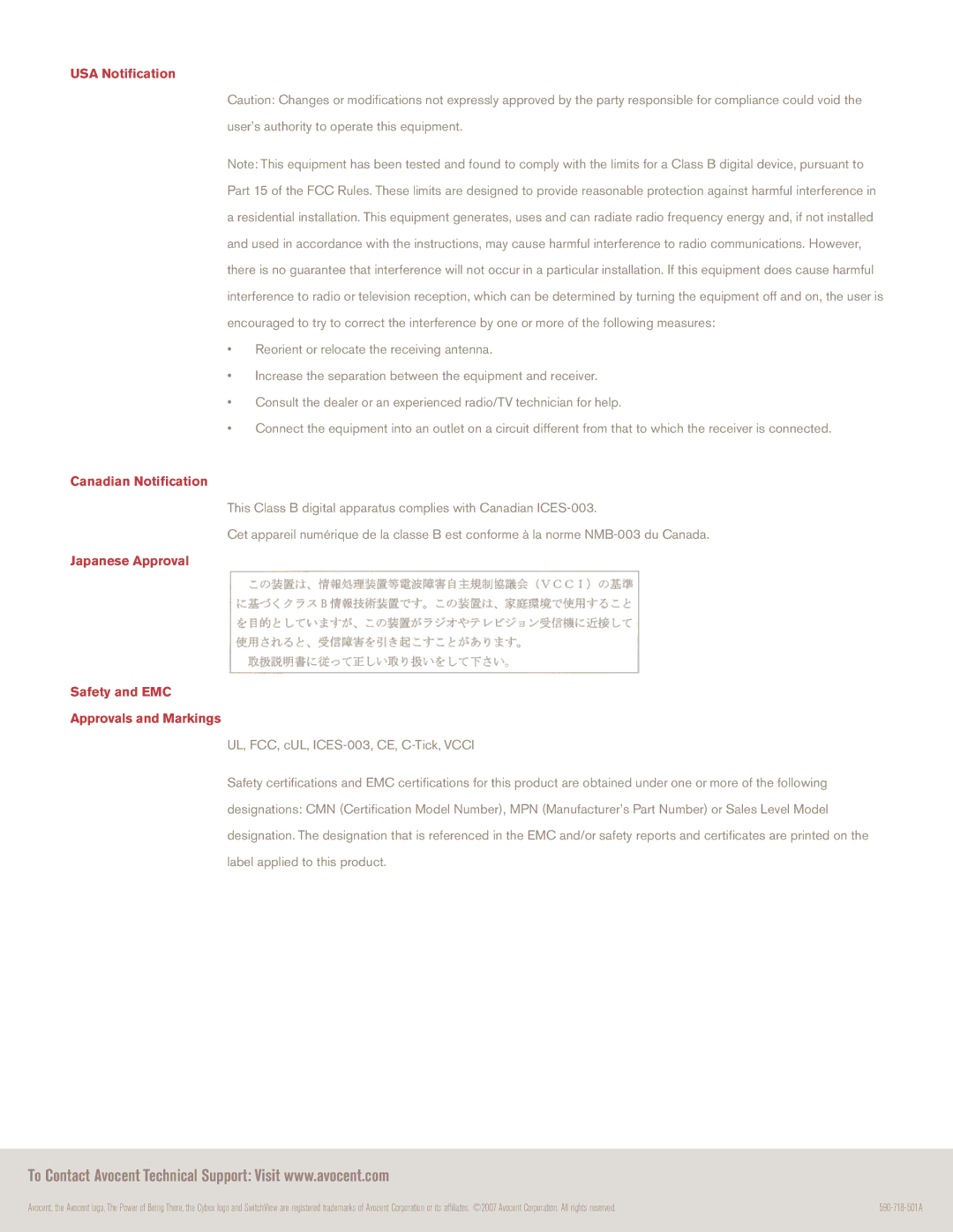 Avocent 120, 240, 220, 140 USA Notification, Canadian Notification, Japanese Approval Safety and EMC Approvals and Markings 