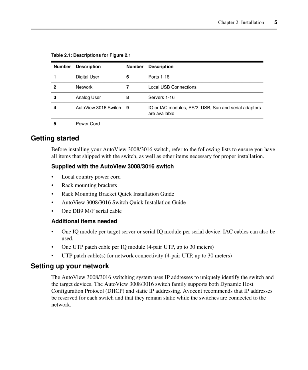 Avocent Getting started, Setting up your network, Supplied with the AutoView 3008/3016 switch, Additional items needed 