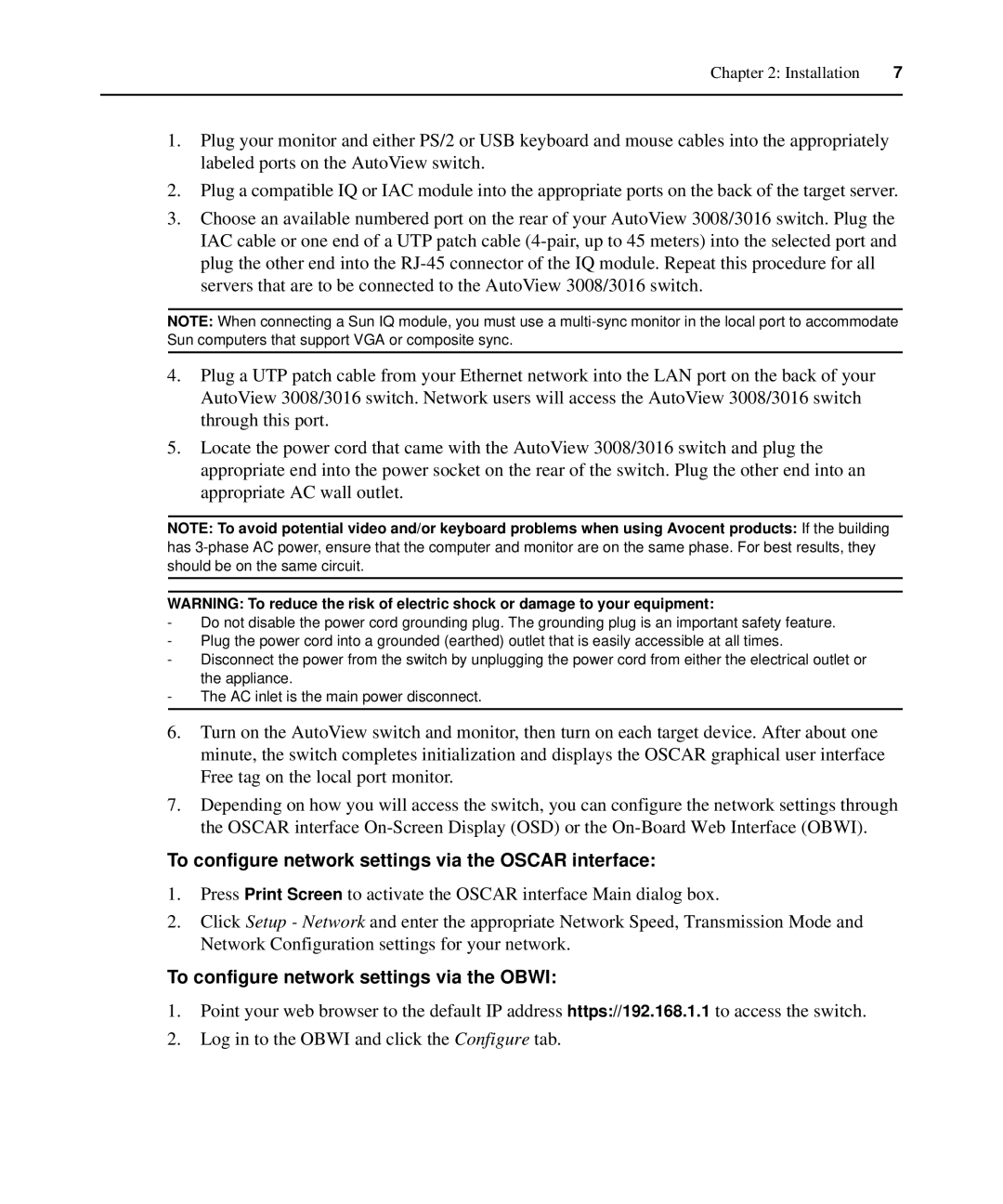 Avocent 3008, 3016 manual To configure network settings via the Oscar interface, To configure network settings via the Obwi 