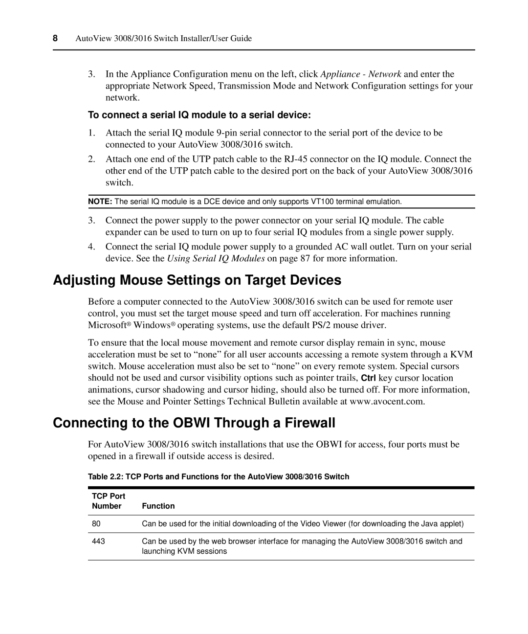 Avocent 3008/3016 manual Adjusting Mouse Settings on Target Devices, Connecting to the Obwi Through a Firewall 