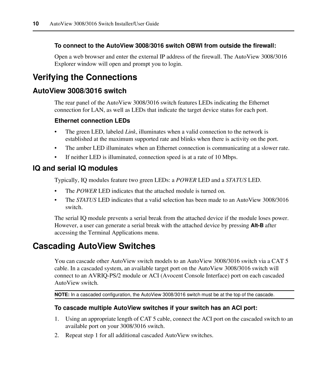 Avocent Verifying the Connections, Cascading AutoView Switches, AutoView 3008/3016 switch, IQ and serial IQ modules 