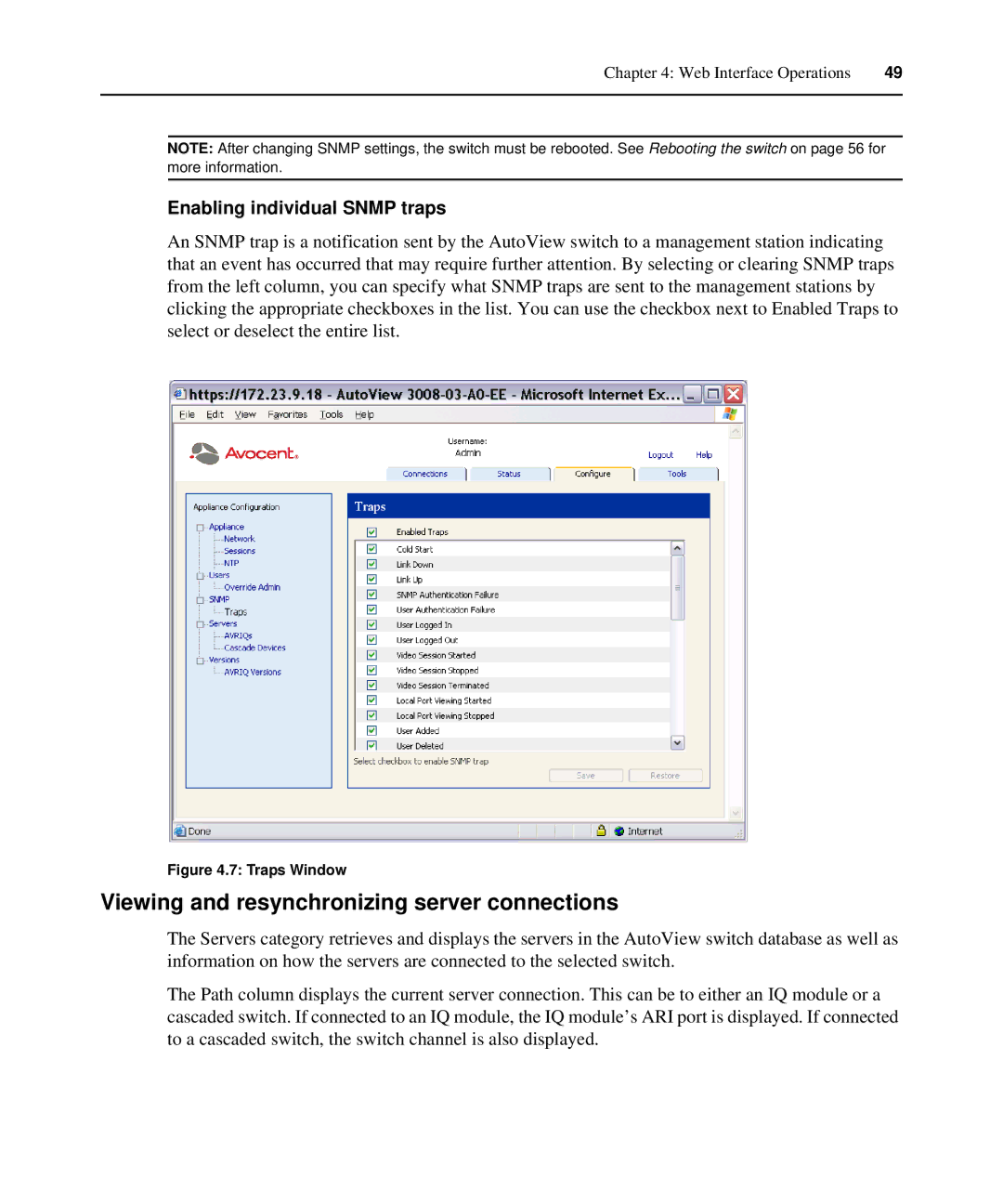 Avocent 3008/3016 manual Viewing and resynchronizing server connections, Enabling individual Snmp traps 