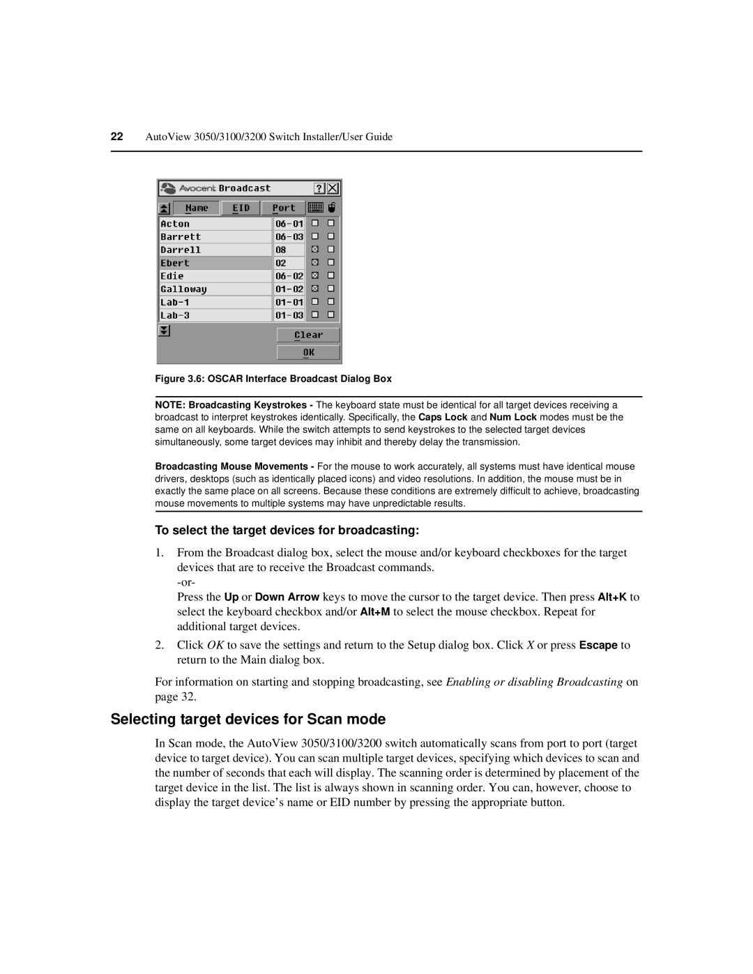 Avocent 3200, 3100, 3050 manual Selecting target devices for Scan mode, To select the target devices for broadcasting 