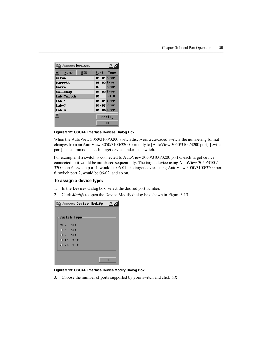 Avocent 3050, 3100, 3200 manual To assign a device type, Oscar Interface Devices Dialog Box 