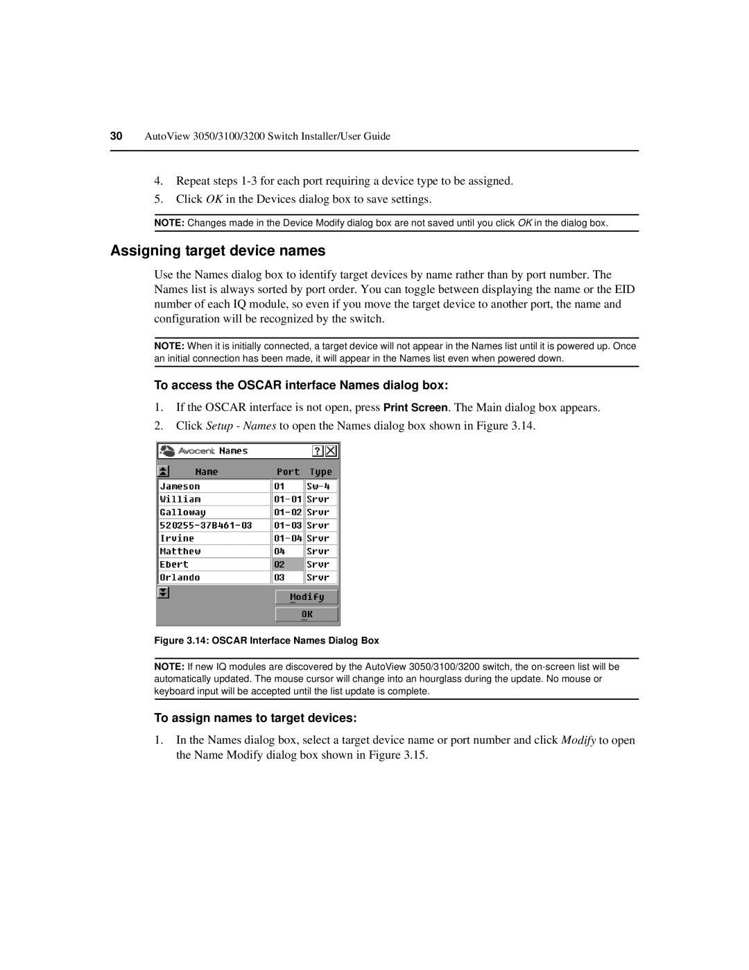 Avocent 3100, 3200, 3050 manual Assigning target device names, To access the Oscar interface Names dialog box 