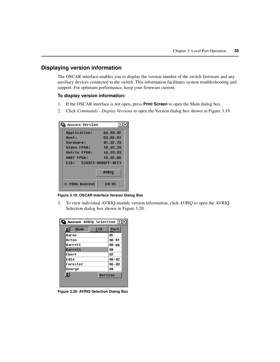 Avocent 3050, 3100, 3200 manual Displaying version information, To display version information 