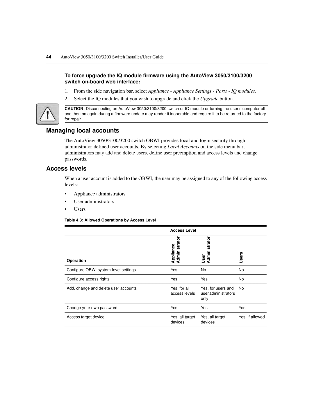 Avocent 3050, 3100, 3200 manual Managing local accounts, Access levels 