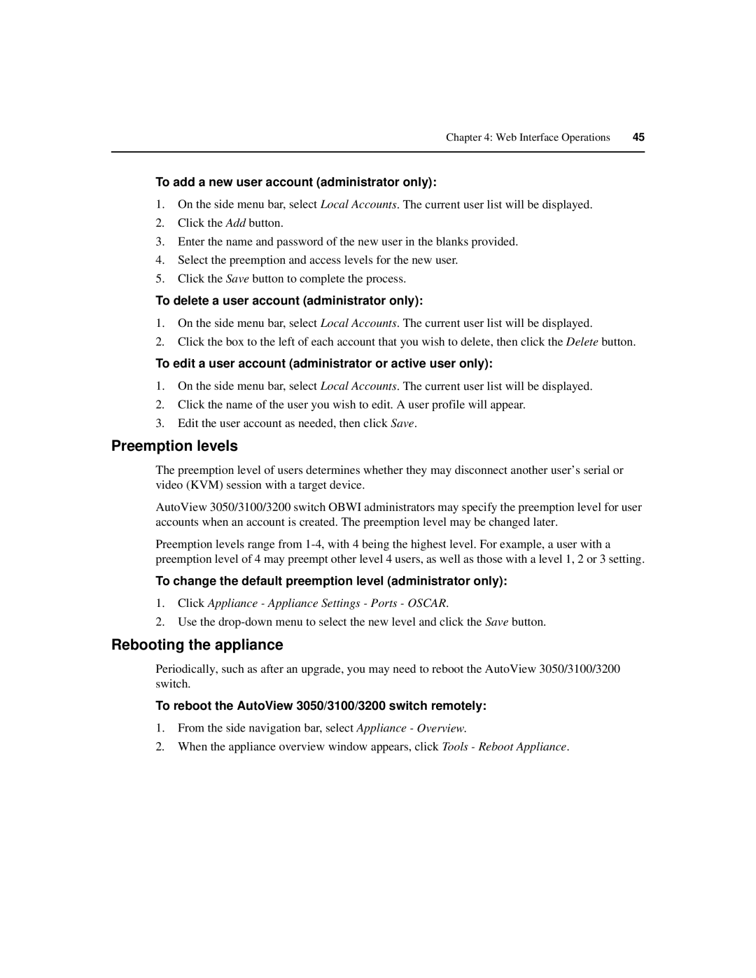 Avocent 3100, 3200, 3050 manual Preemption levels, Rebooting the appliance 