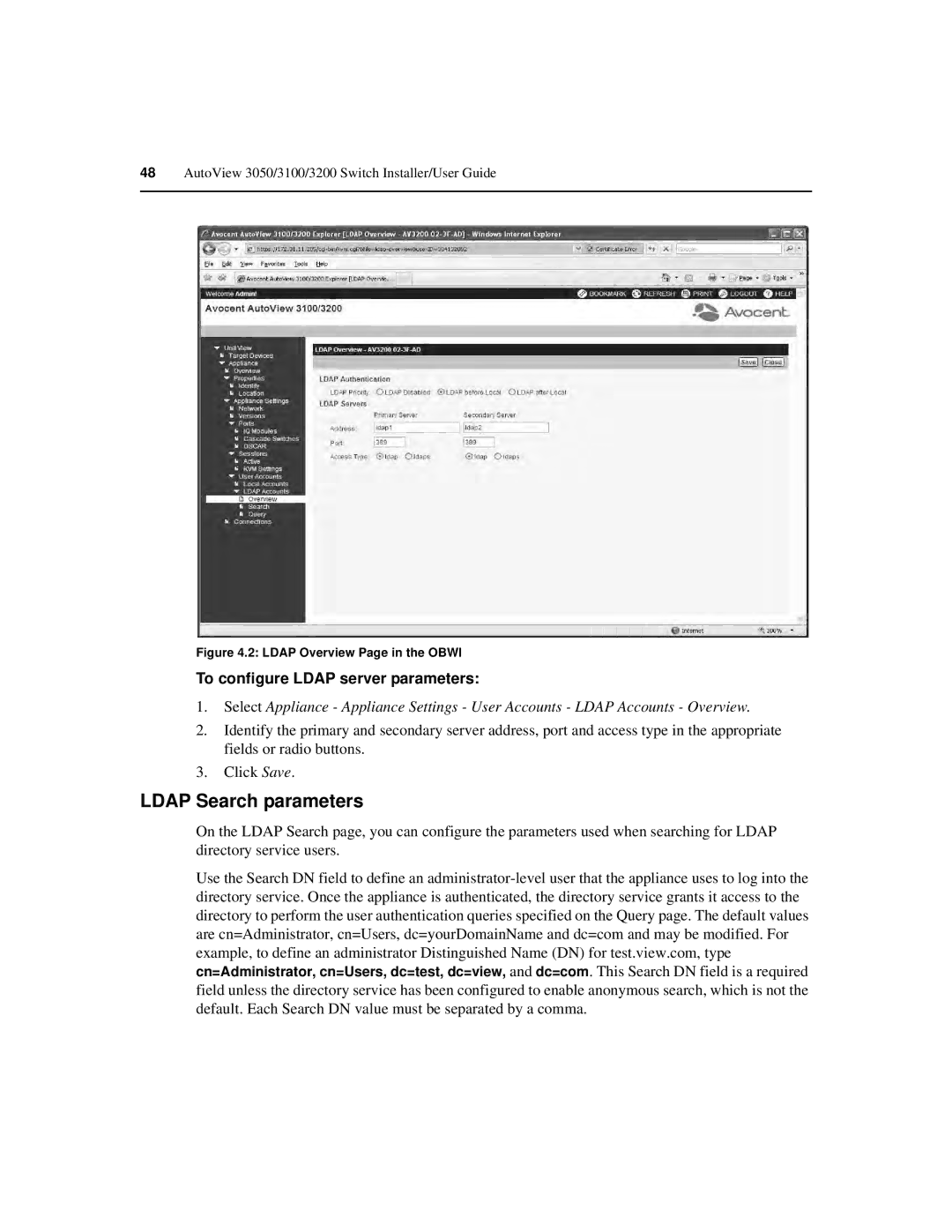 Avocent 3100, 3200, 3050 manual Ldap Search parameters, To configure Ldap server parameters 