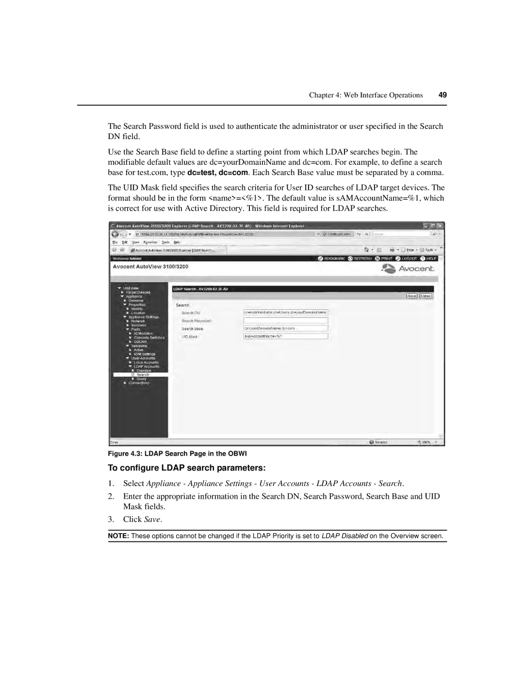 Avocent 3200, 3100, 3050 manual To configure Ldap search parameters, Ldap Search Page in the Obwi 