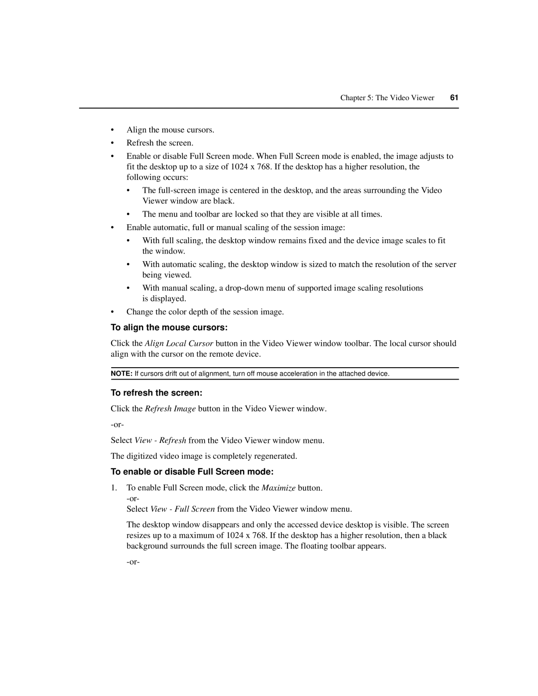 Avocent 3200, 3100, 3050 manual To align the mouse cursors, To refresh the screen, To enable or disable Full Screen mode 