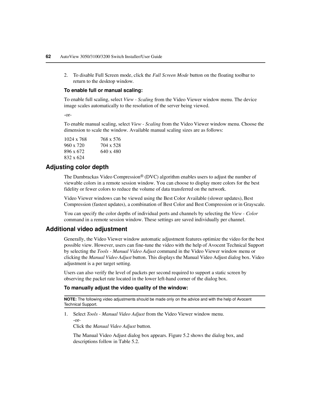 Avocent 3050, 3100, 3200 Adjusting color depth, Additional video adjustment, To enable full or manual scaling 