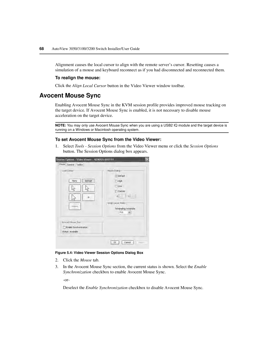 Avocent 3050, 3100, 3200 manual To realign the mouse, To set Avocent Mouse Sync from the Video Viewer 