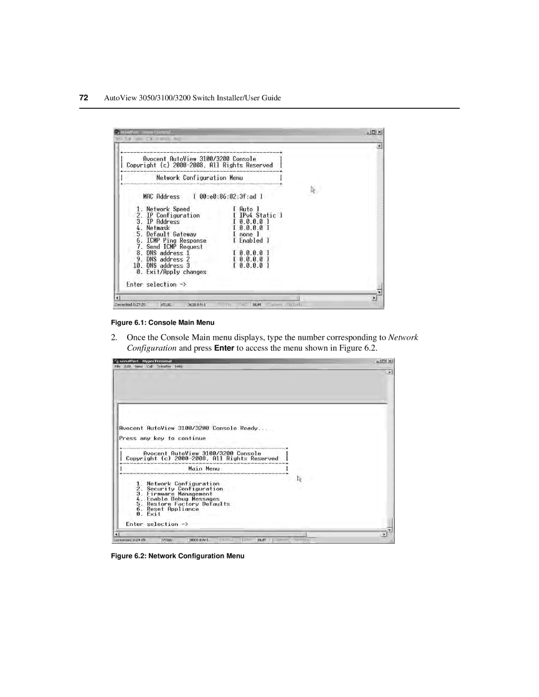 Avocent 3100, 3200, 3050 manual Console Main Menu 