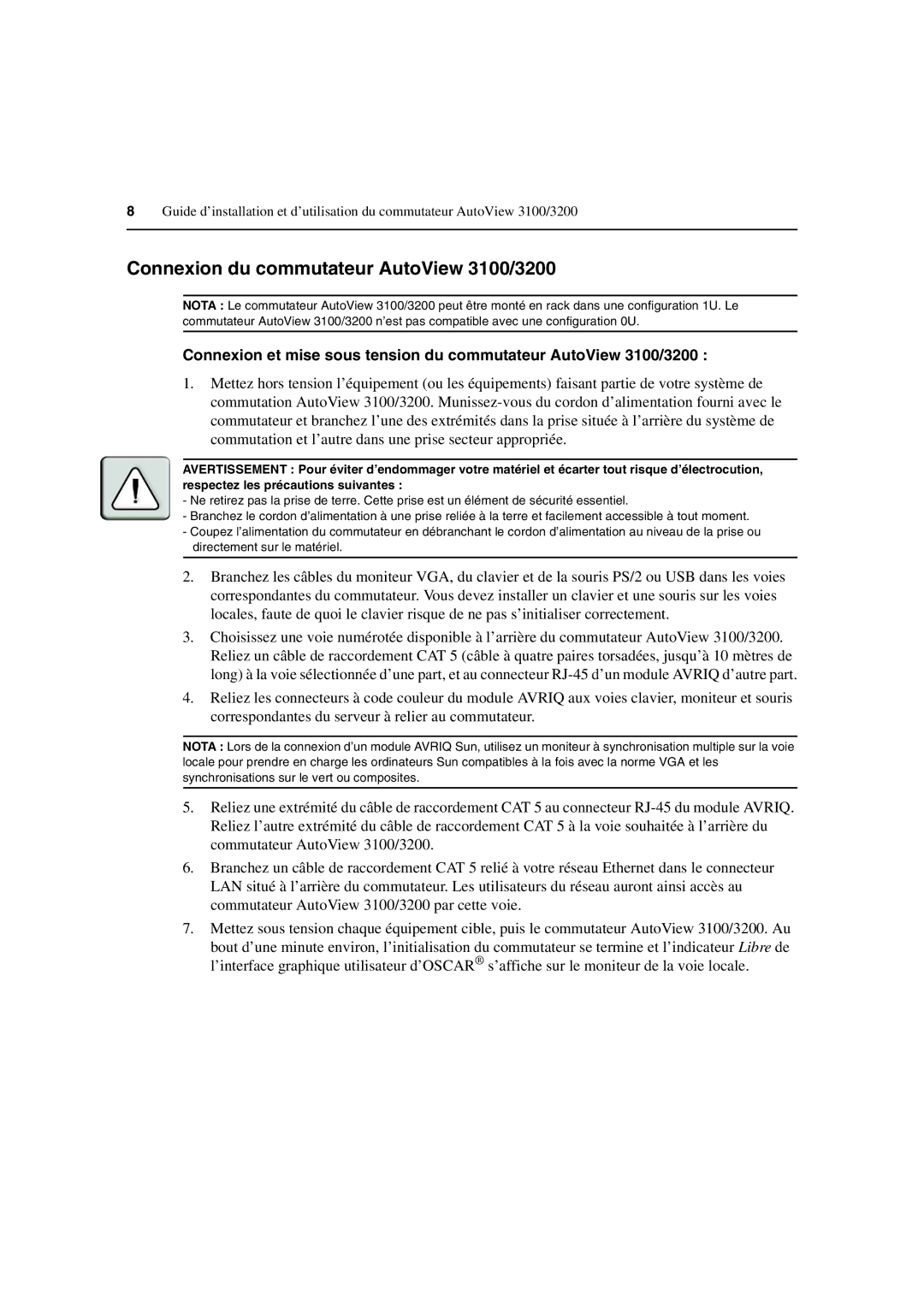 Avocent manual Connexion du commutateur AutoView 3100/3200 