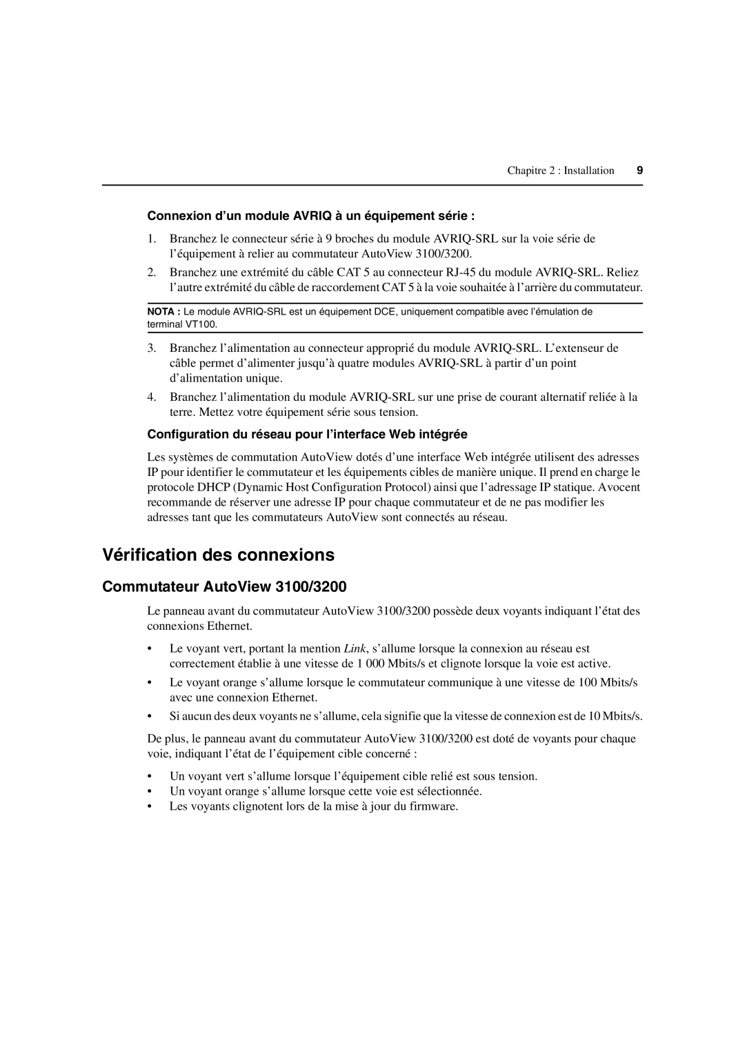 Avocent Vérification des connexions, Commutateur AutoView 3100/3200, Connexion d’un module Avriq à un équipement série 