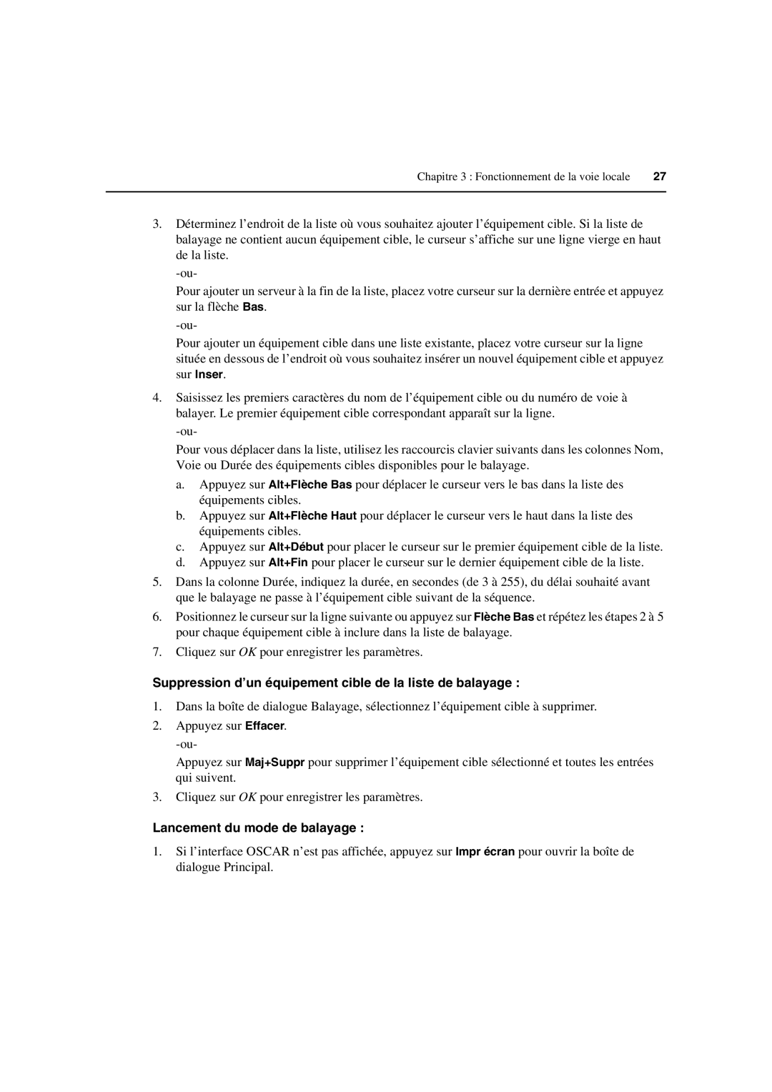 Avocent 3100/3200 manual Suppression d’un équipement cible de la liste de balayage, Lancement du mode de balayage 