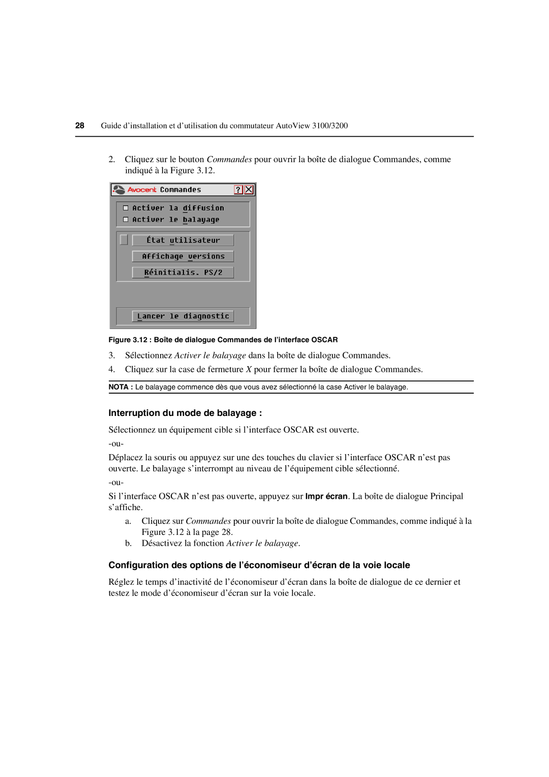 Avocent 3100/3200 manual Interruption du mode de balayage, 12 Boîte de dialogue Commandes de l’interface Oscar 