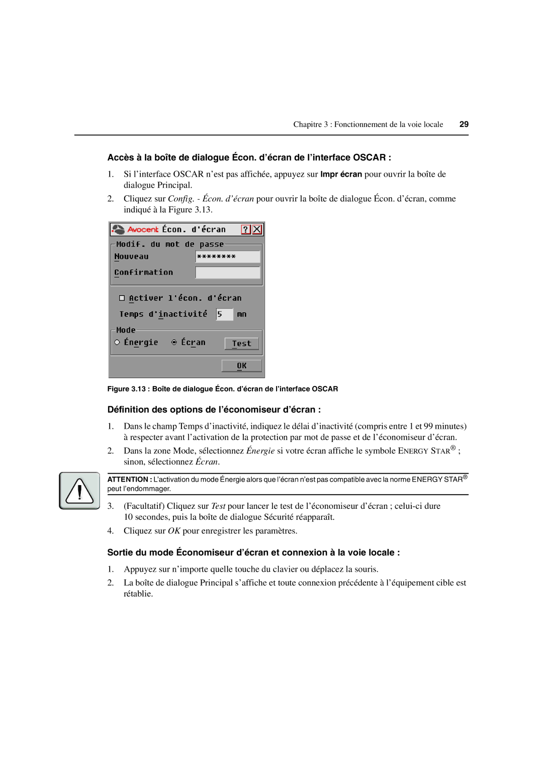 Avocent 3100/3200 Définition des options de l’économiseur d’écran, 13 Boîte de dialogue Écon. d’écran de l’interface Oscar 